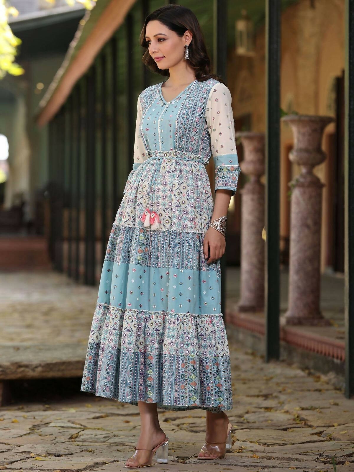 Juniper Women's Blue Cotton Cambric Geometric Printed Tiered Maxi Dress | Swadesiicart