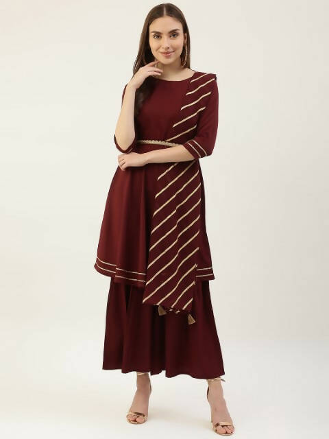 FIORRA Women's Maroon Poly Crepe Flared Kurta Pant With Dupatta - Swadesiicart