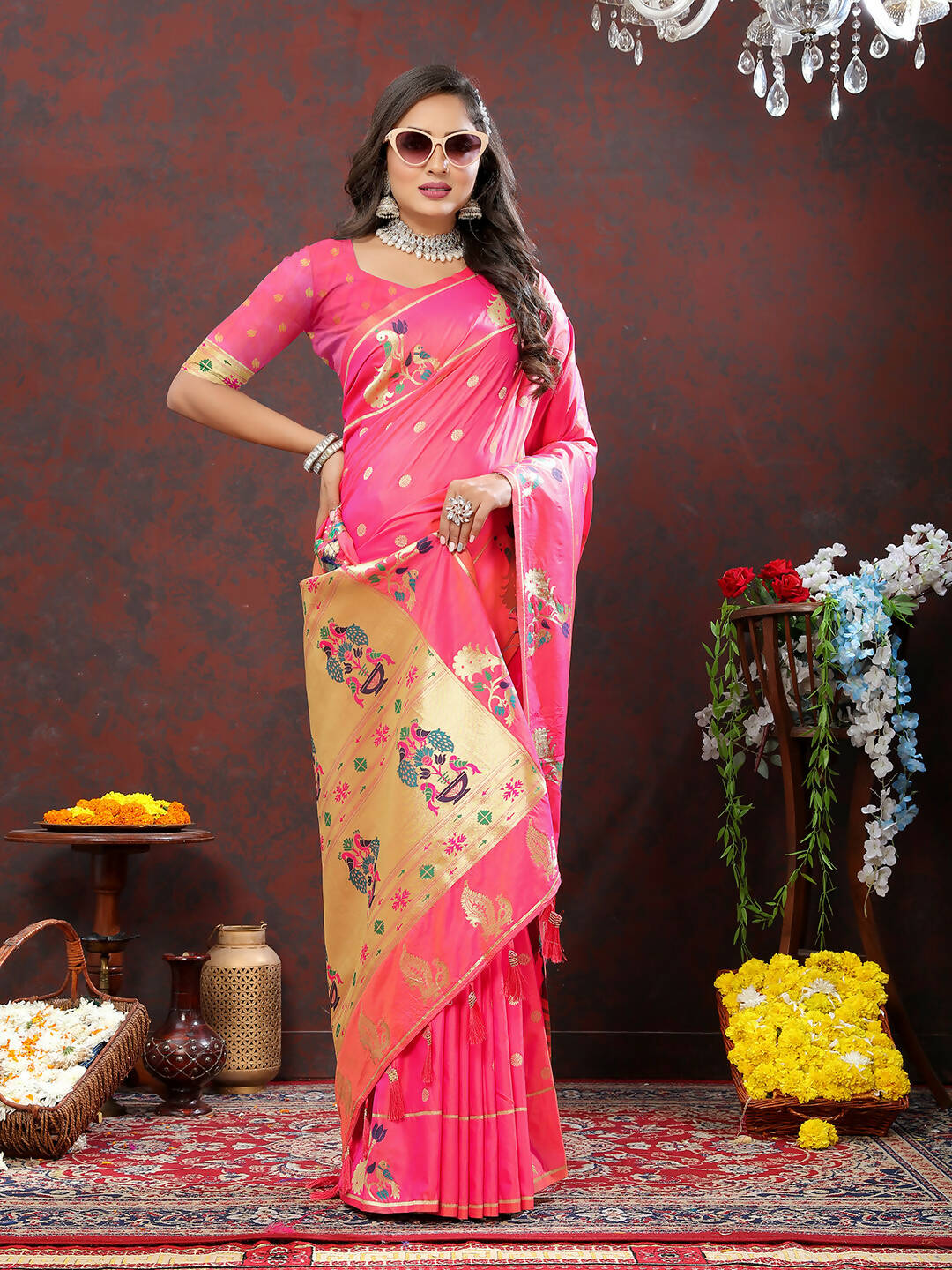 Lorenvalley Fashion Pink Soft Paithani Silk Woven Design Gold Zari Meenakari Weaving Saree - Swadesiicart