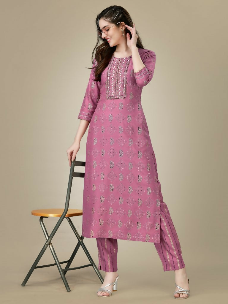 Jyoti Fashion Women's Purple Rayon Embroidered Kurta Pant Set | Swadesiicart