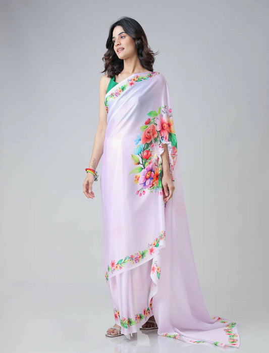 Vastranavya Mauve Freehand Flower Print Ready to Wear Saree | Swadesiicart