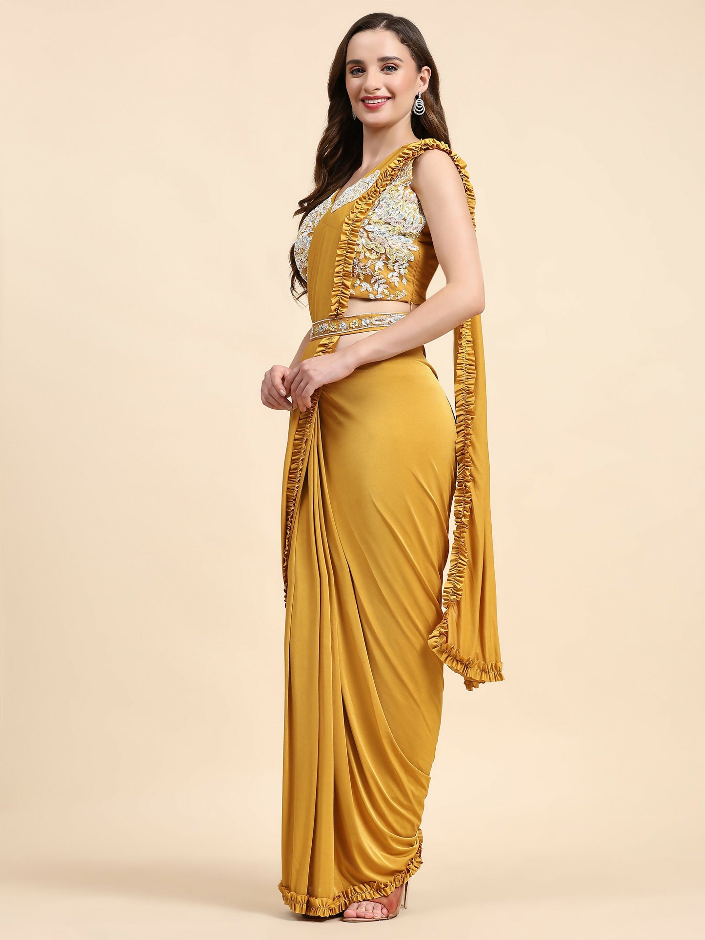 Yellow Lycra Solid Ready to wear Saree with stitched Blouse - Vanita | Swadesiicart