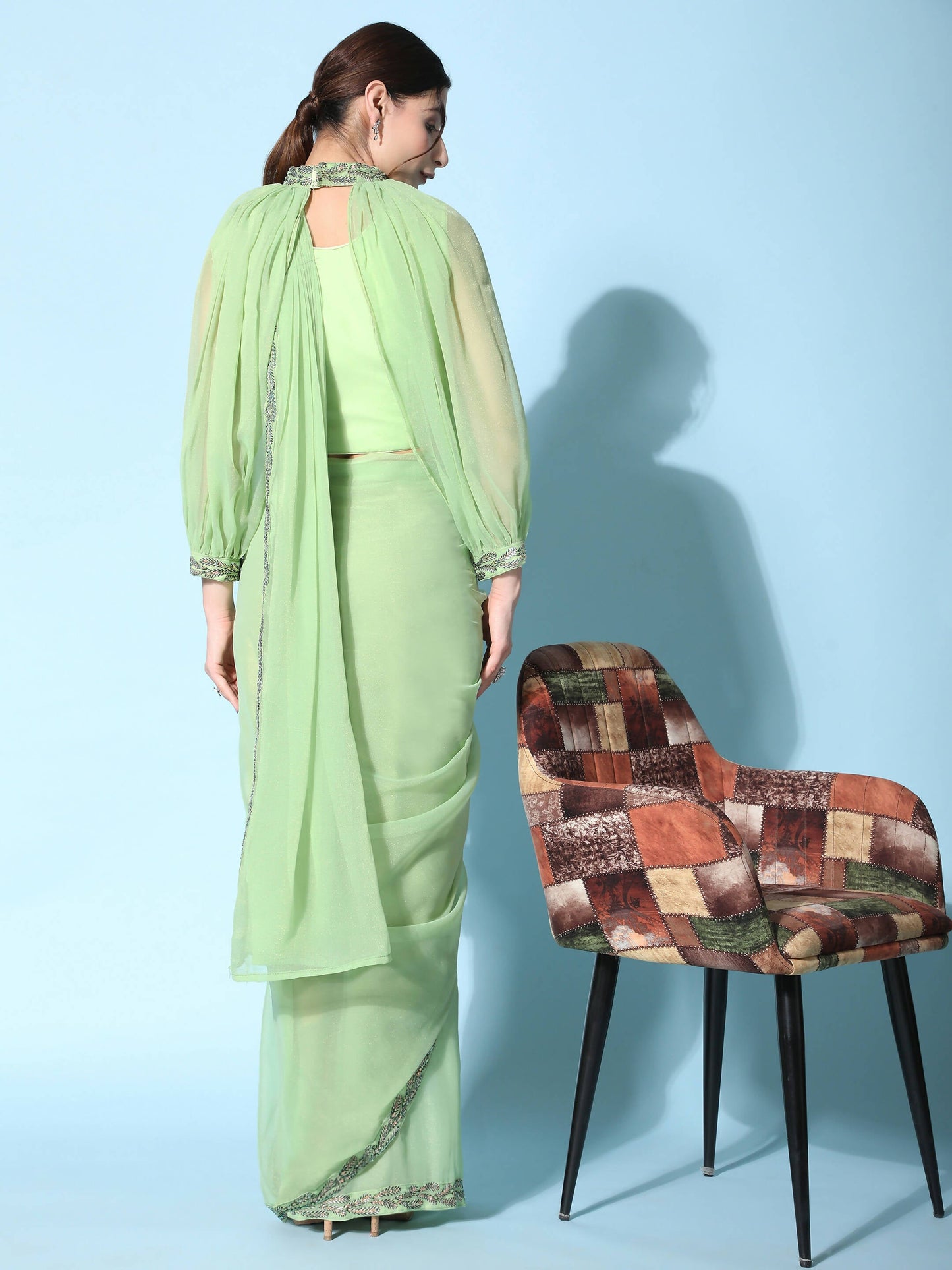 Green Fancy Pure Fabric Plain Ready to wear Saree with stitched Blouse - Vrinda | Swadesiicart
