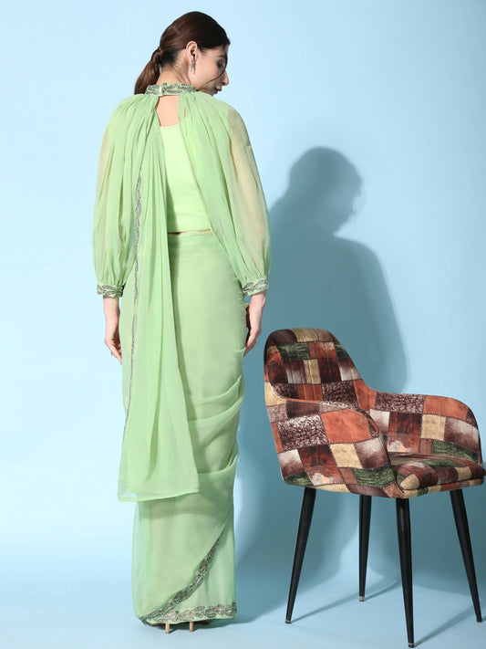 Green Fancy Pure Fabric Plain Ready to wear Saree with stitched Blouse - Vrinda | Swadesiicart