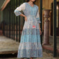 Juniper Women's Blue Cotton Cambric Geometric Printed Tiered Maxi Dress | Swadesiicart
