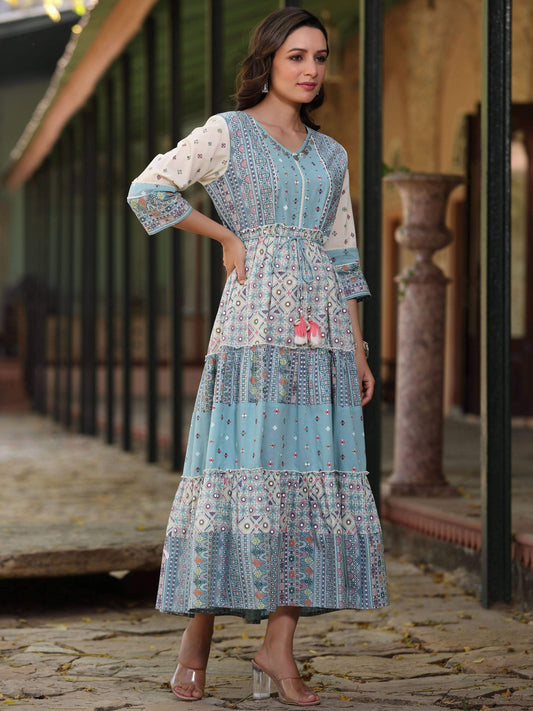 Juniper Women's Blue Cotton Cambric Geometric Printed Tiered Maxi Dress | Swadesiicart