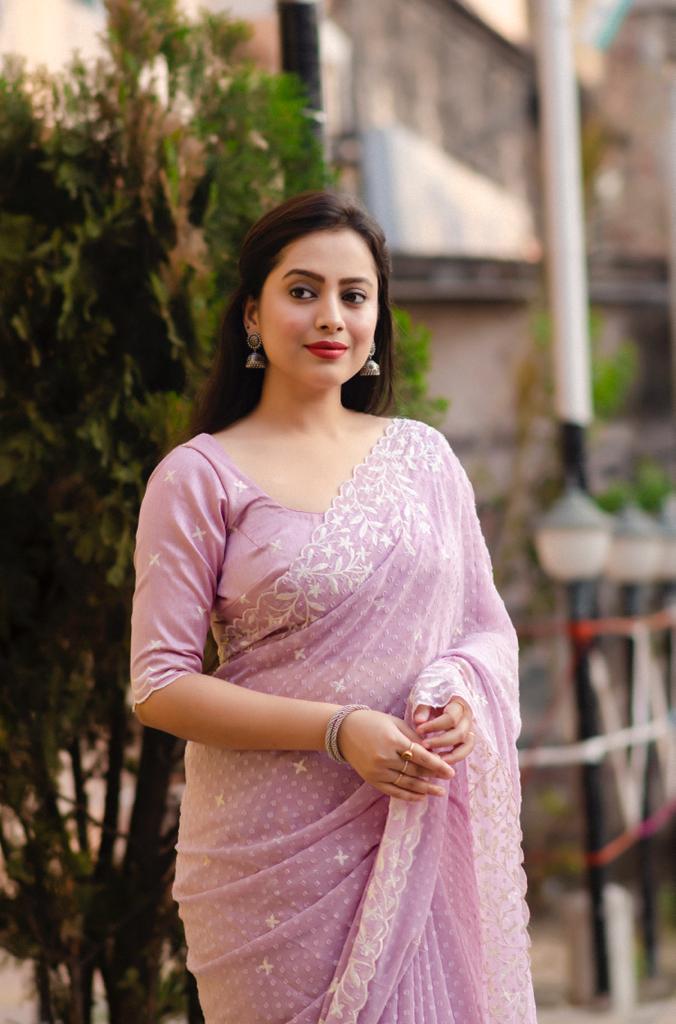 Pink Pure Chiffon Woven Design Saree with Unstitched Blouse - Hiral Fashion | Swadesiicart