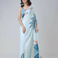 Vastranavya Icy Blue Freehand with Navy Starburst & Floral Print Ready to Wear Saree | Swadesiicart