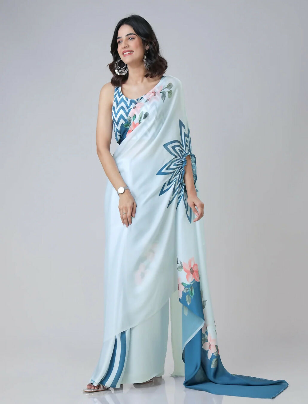 Vastranavya Icy Blue Freehand with Navy Starburst & Floral Print Ready to Wear Saree | Swadesiicart