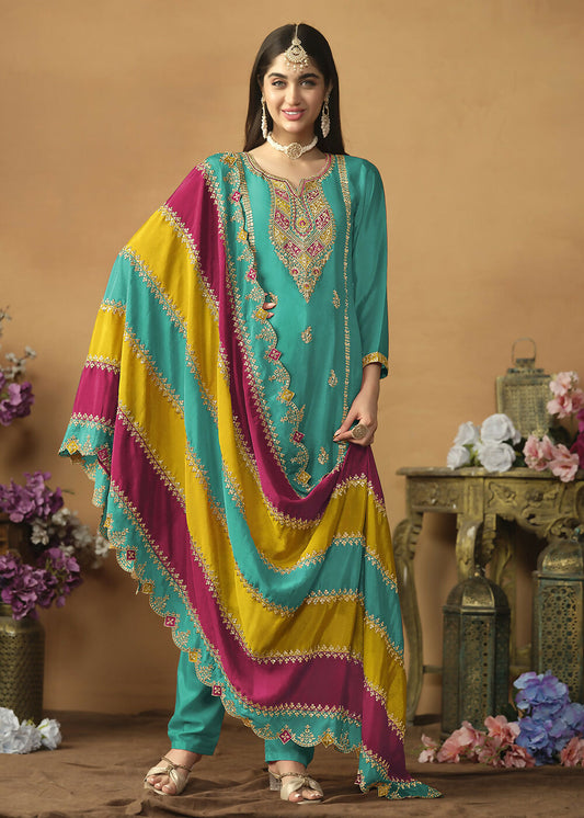 Chinnon Silk Turquoise Salwar Suit with Multicolor Dupatta - Emponline | Swadesiicart