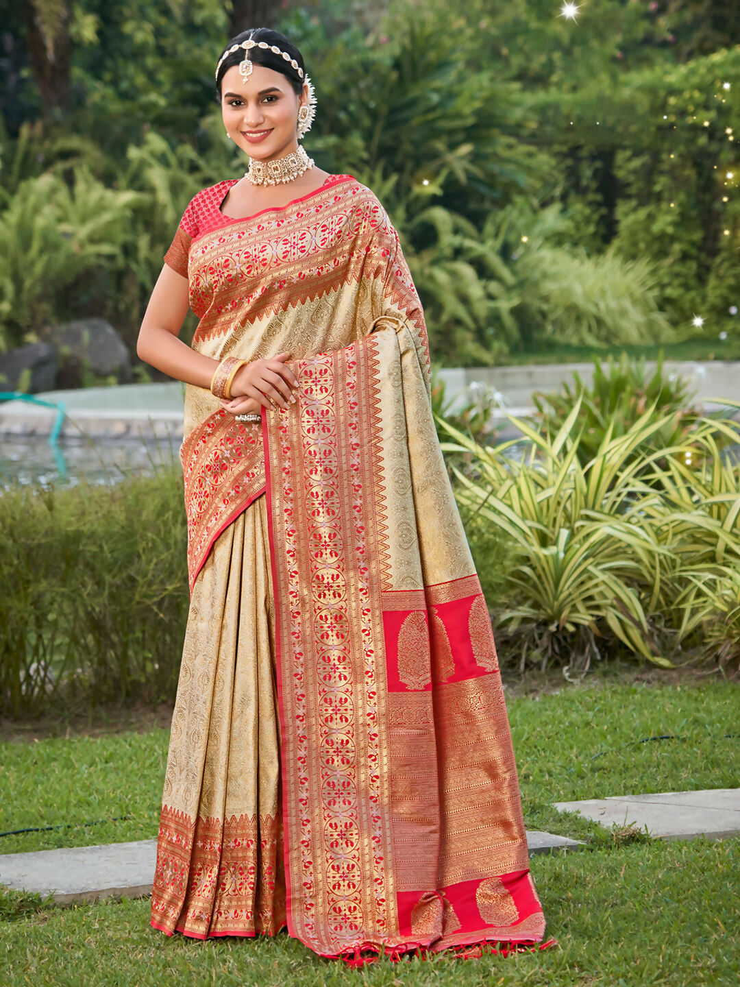 Astita Banarasi Silk White Saree | Swadesiicart