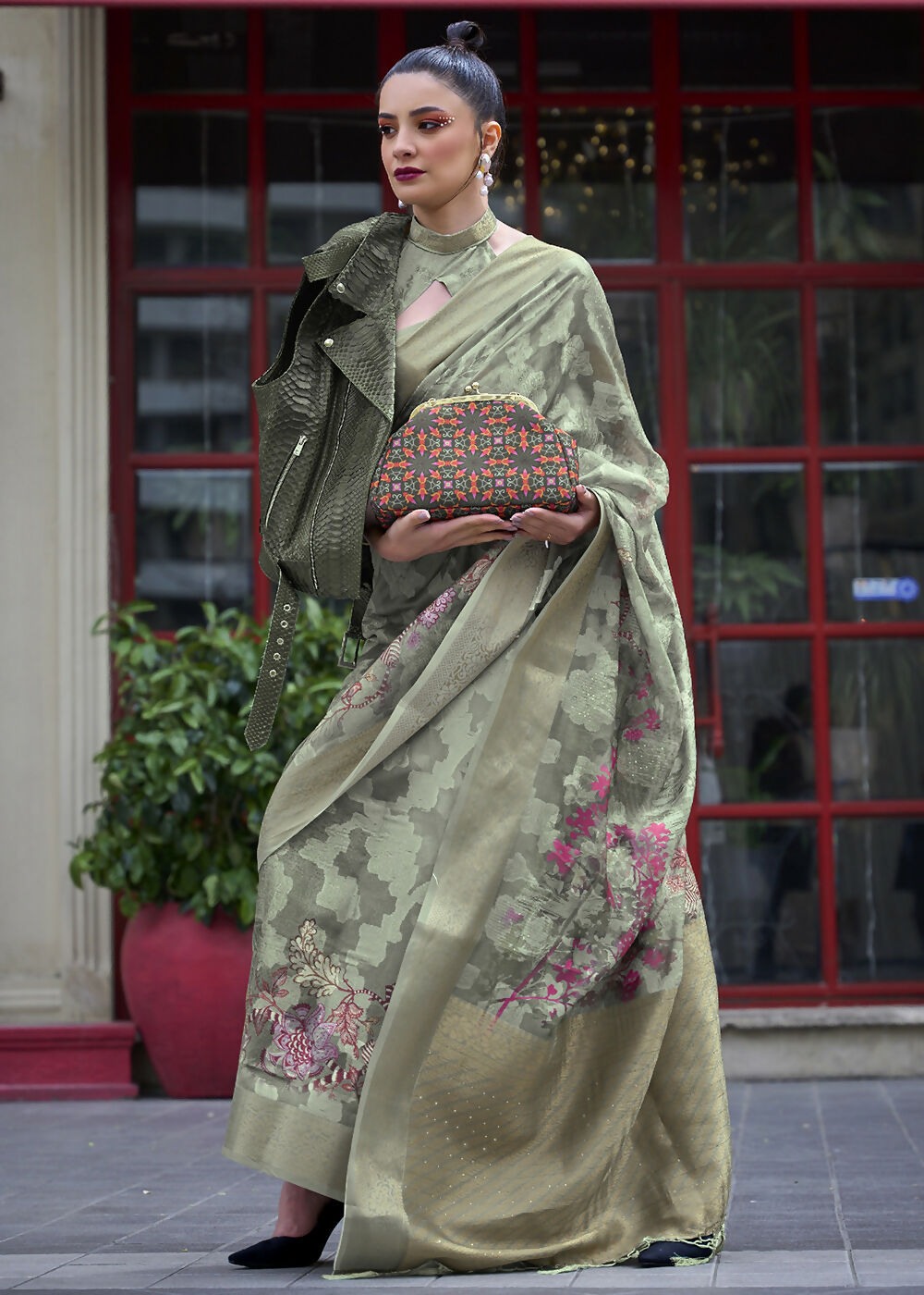 Lovely Pista Green Polly Brasso Designer Saree - Emponline | Swadesiicart
