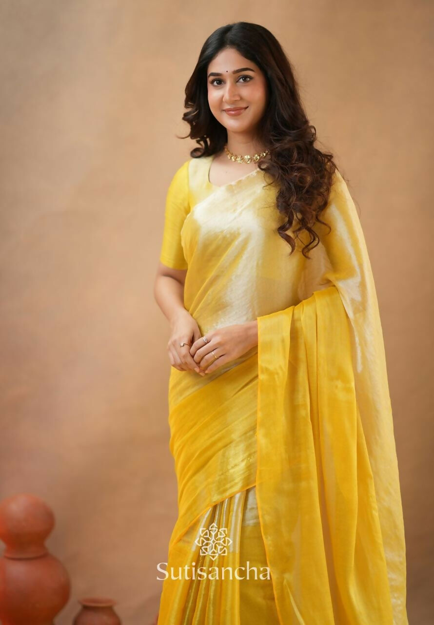 Exclusive Collection Beautiful Yellow Tissue Silk Hand Weaving Handloom Saree With Running Blouse Piece - Swadesiicart