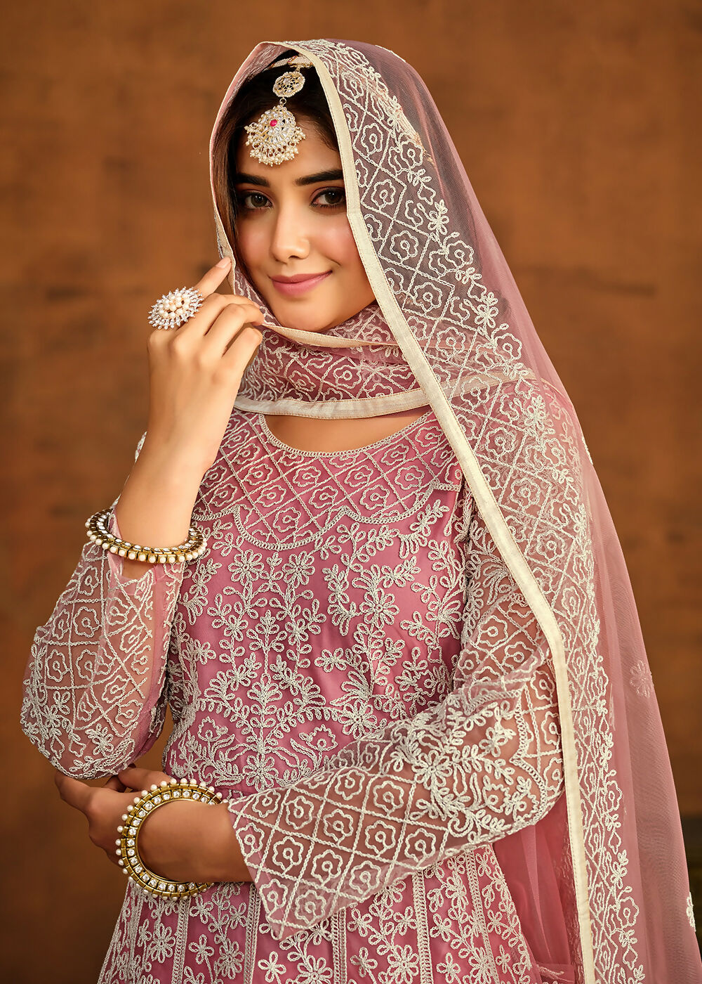 Pink All Over Embroidered Net Wedding Anarkali Suit - Emponline | Swadesiicart