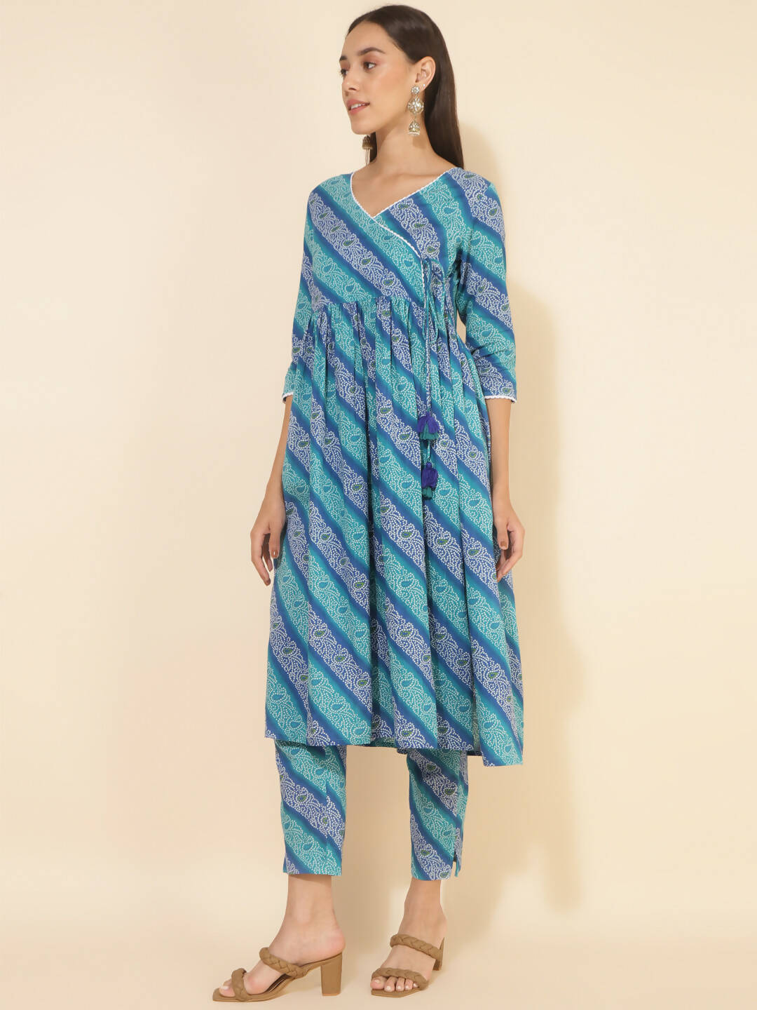Janasya Women's Blue Cotton Bandhani Printed Casual Angrakha Co-ords - Swadesiicart