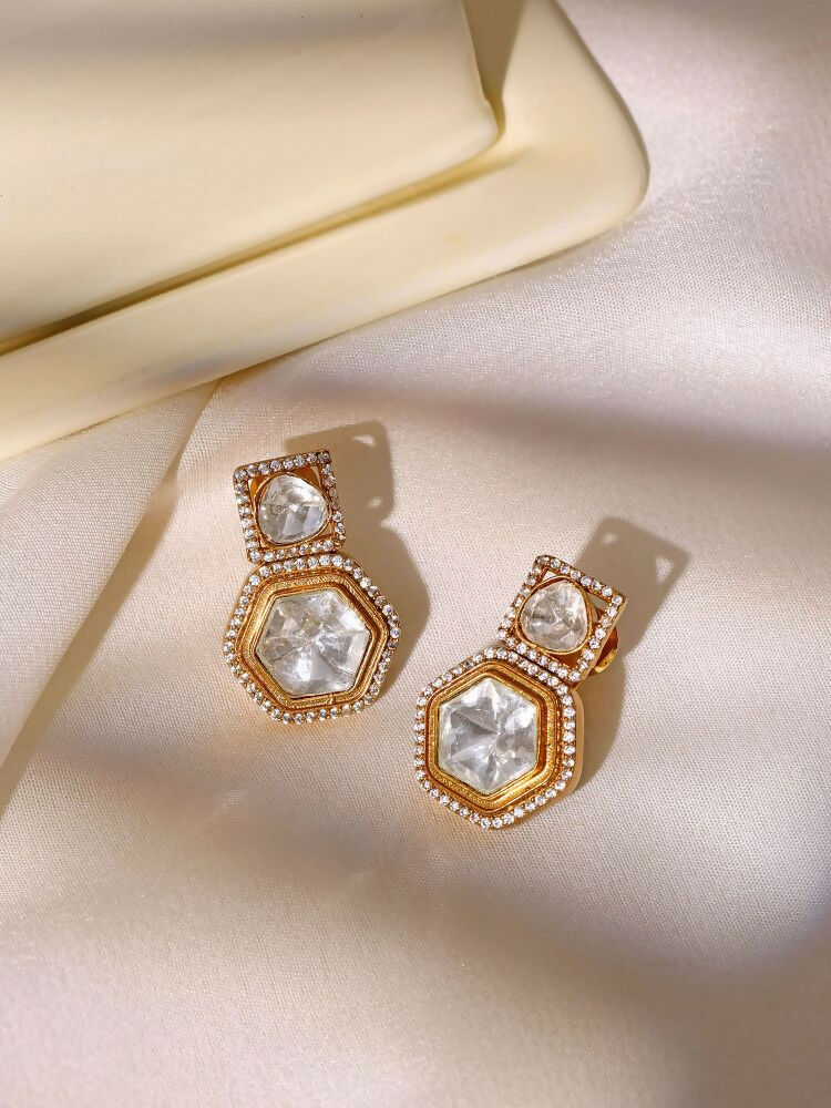 square kundan earrings with hexagon drop - Ruby Raang | Swadesiicart