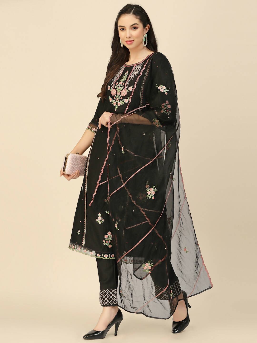 Black Embroidered Chinon Straight Kurta With Trouser & Dupatta - Salimar