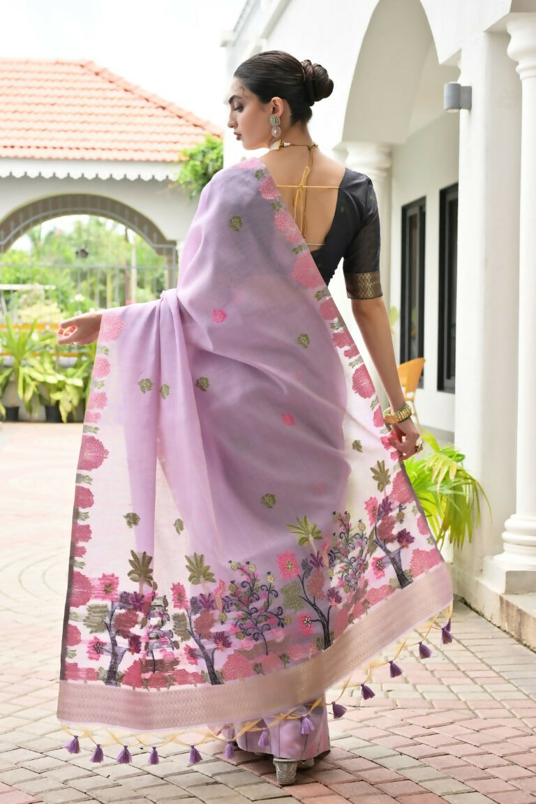 Vishnu Weaves Women's Lavender Muga Cotton Thread Weaving Saree with Blouse - Swadesiicart