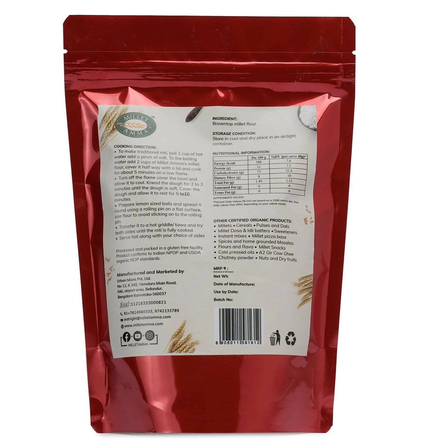 Millet Amma Organic Browntop Millet Flour - Swadesiicart