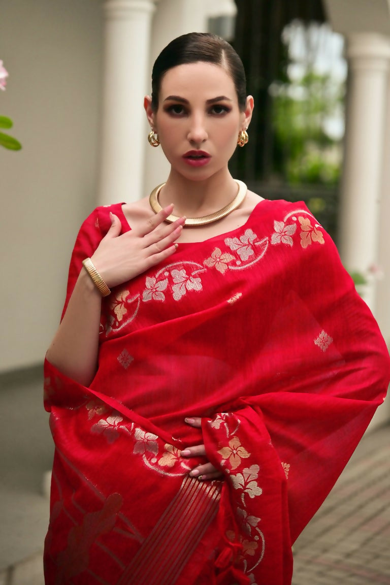 Vishnu Weaves Women's Red Linen Silk Zari Weaving Saree with Blouse - Swadesiicart
