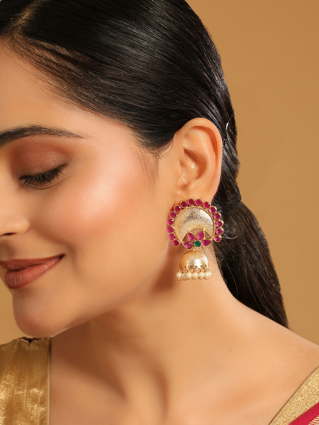 Nuyug 22K Gold Plated Ruby & Pearl Studded Dome Shaped Jhumkas | Swadesiicart