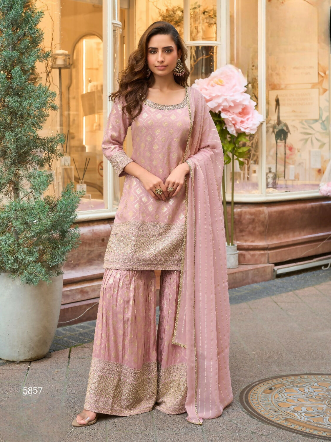 Anaita Peach Viscose Silk Readymade Palazzo Suit with Embroidery Work