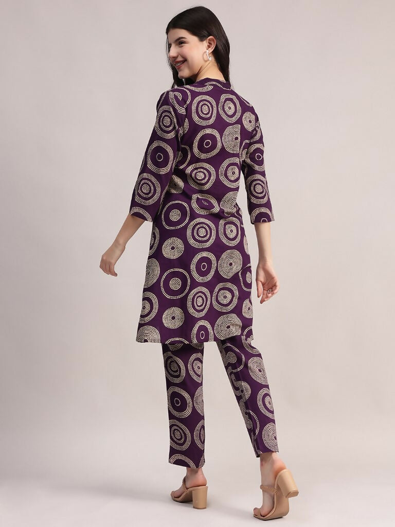 Aavyora Women's Purple Abstract Printed Pure Cotton Co-ord Set - Swadesiicart