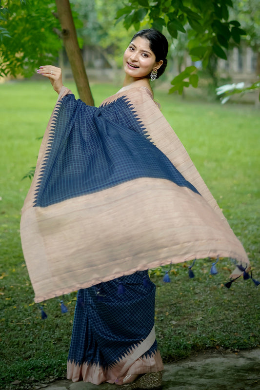 Vishnu Weaves Women's Blue Tussar Silk Woven Saree with Blouse - Swadesiicart