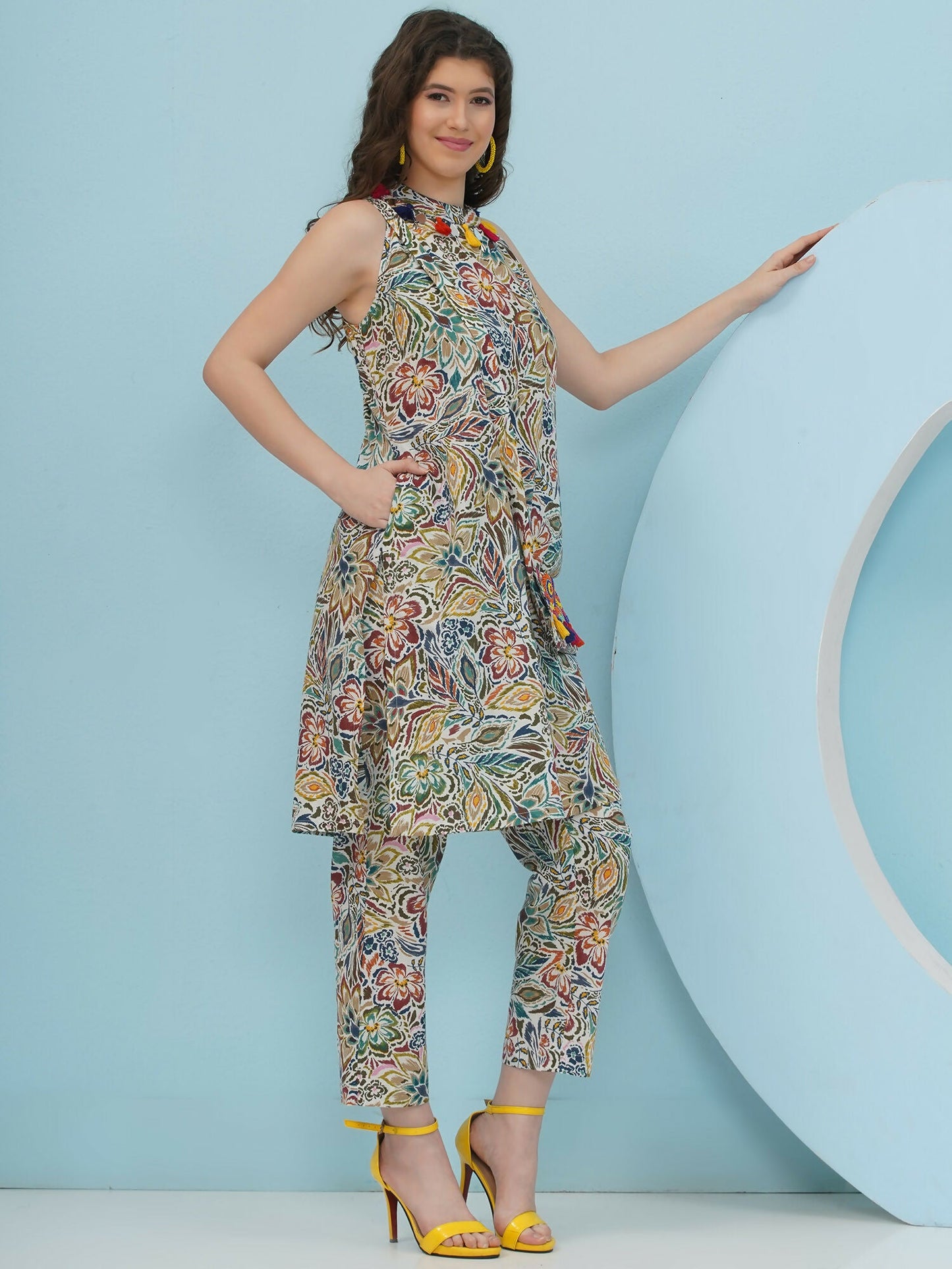 Joban Fashion Floral Co Ord Set With Embellished Sling Bag - Multi - Swadesiicart