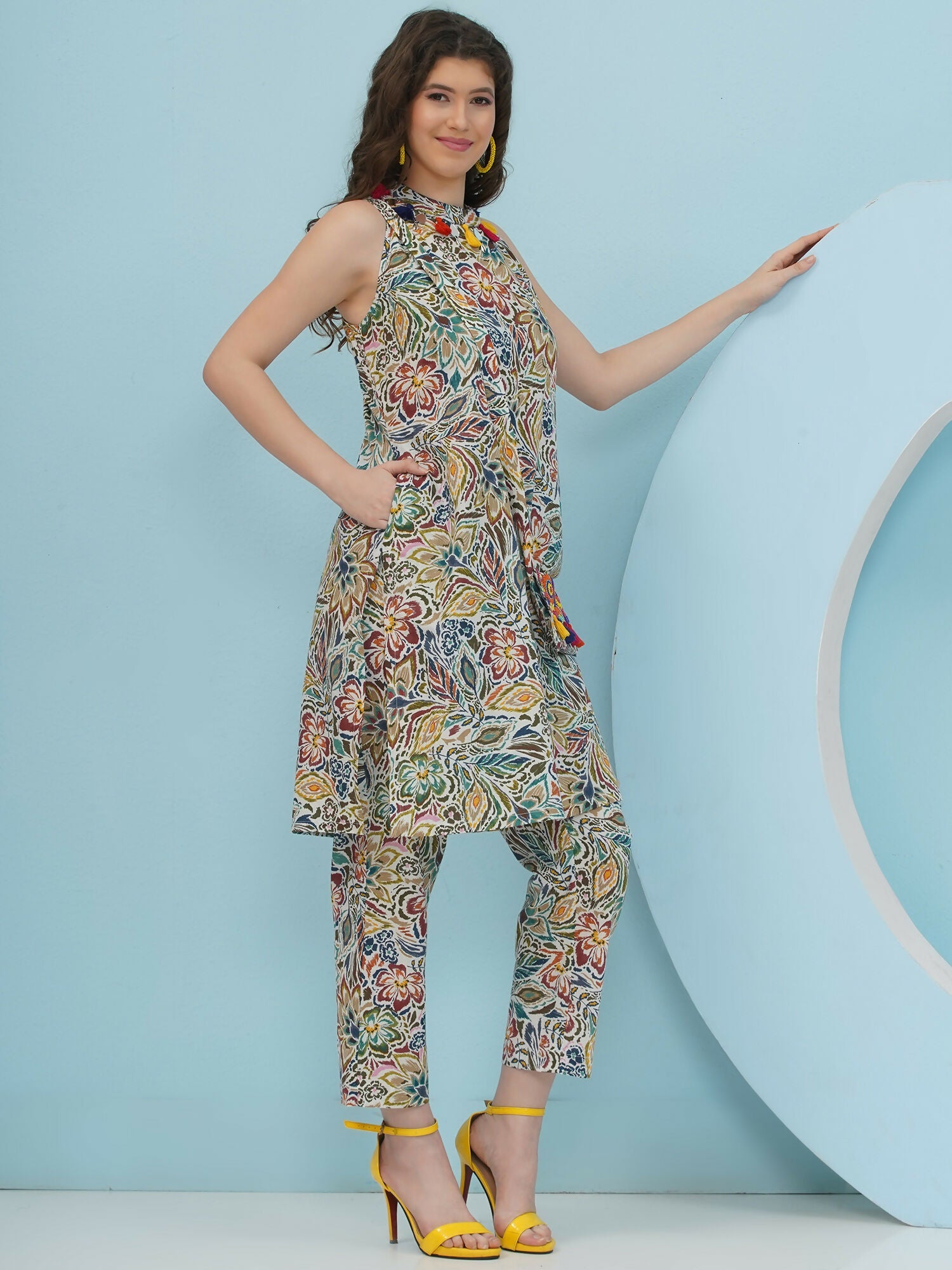 Joban Fashion Floral Co Ord Set With Embellished Sling Bag - Multi - Swadesiicart
