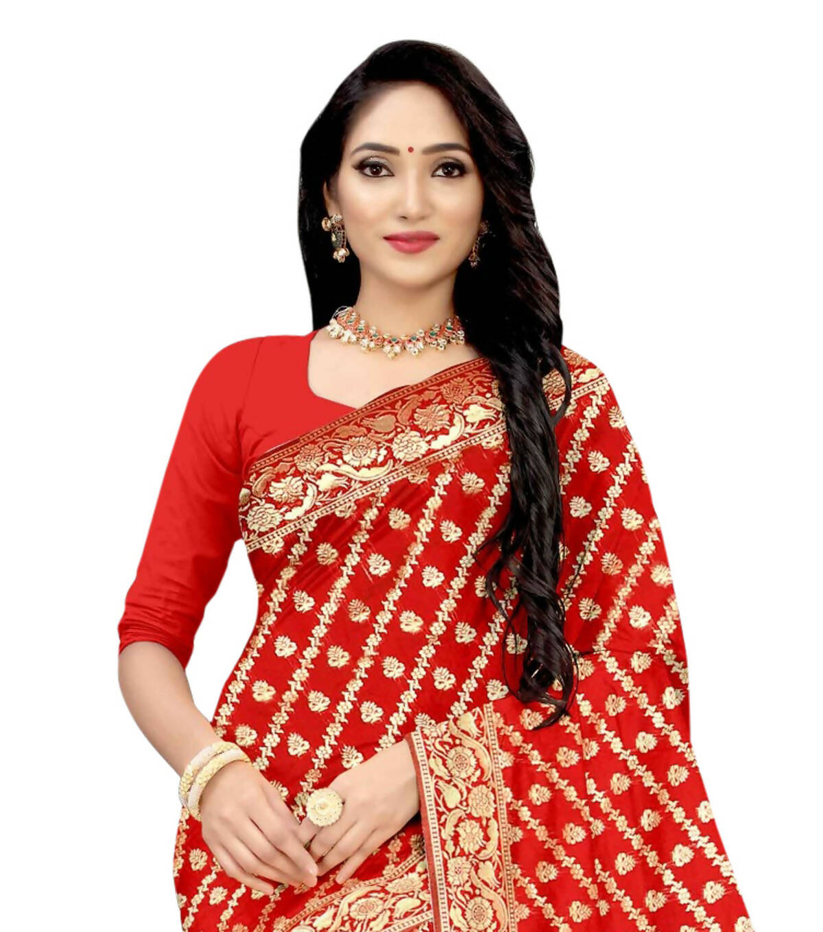 Vamika Weaving Banarasi Jacquard Saree - Red | Swadesiicart