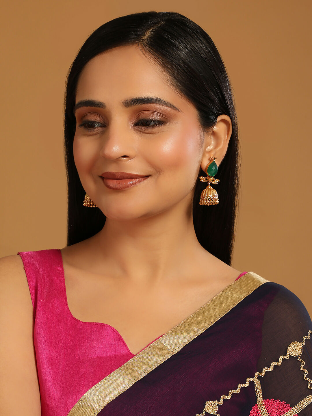 Nuyug 22K Gold Plated Emerald Stone Studded Ethnic Jhumkas | Swadesiicart