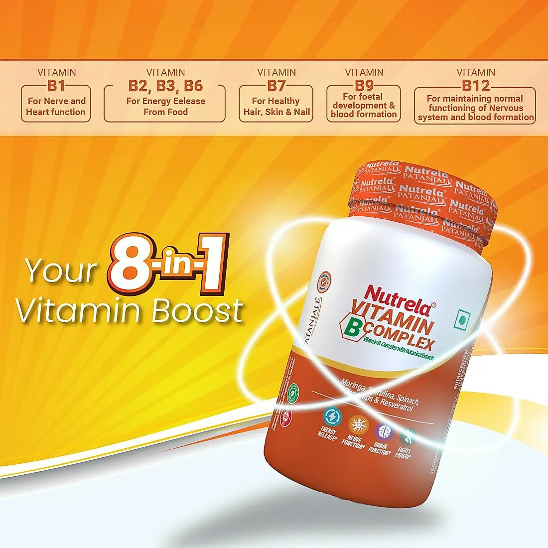 Patanjali Nutrela Vitamin B-Complex Capsules | Complete B Vitamins for Energy & Nerve Health - Swadesiicart