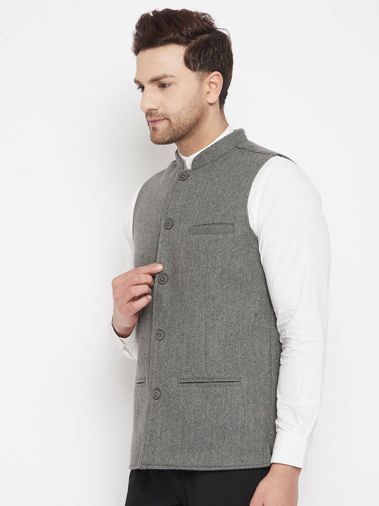 Even Apparels Grey Wool Men Woven Nehru Jacket | Swadesiicart