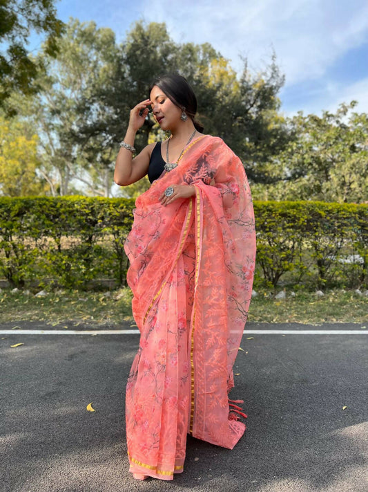Vamsee Peach Organza Saree - Swadesiicart