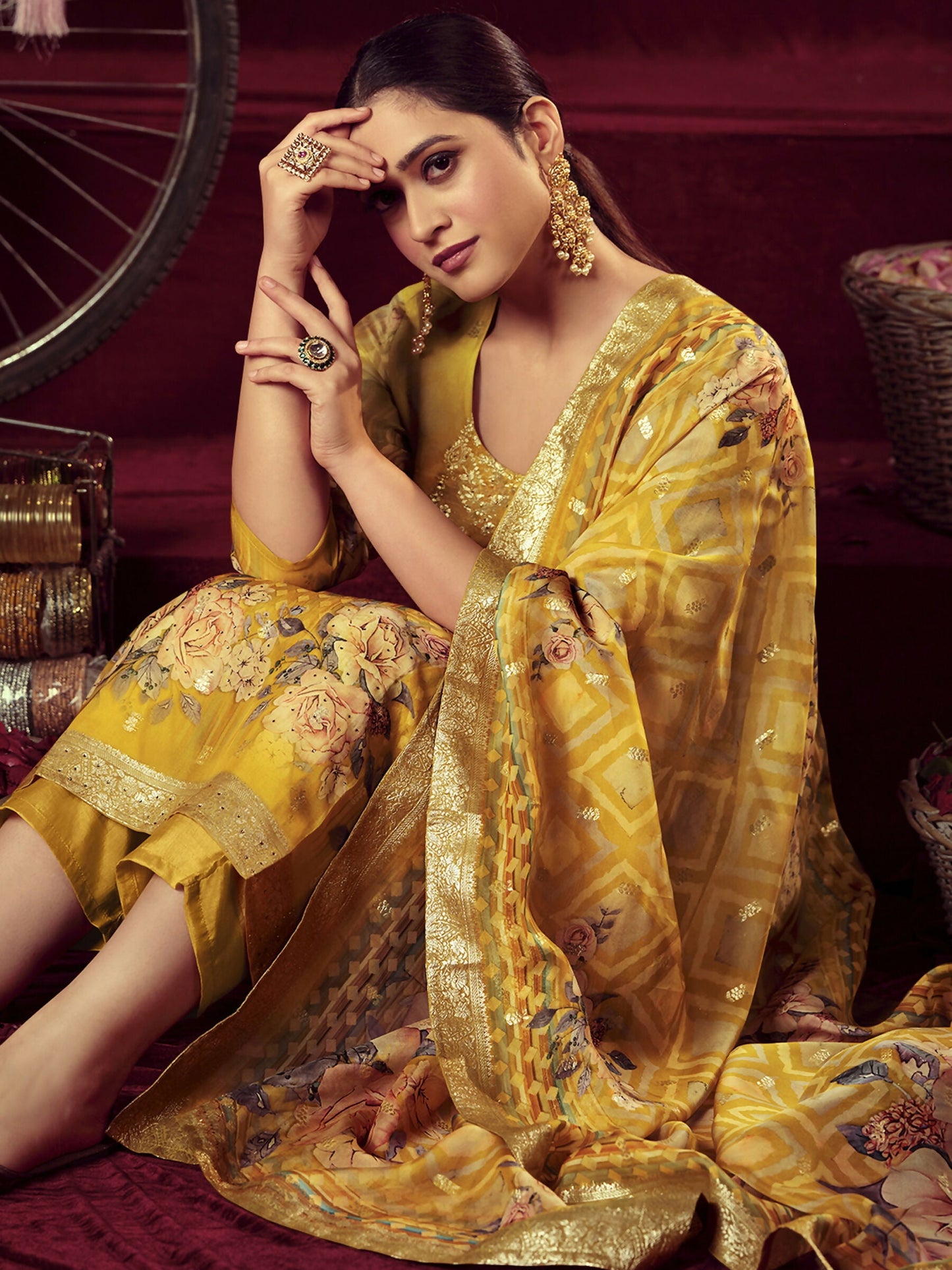 Jyoti Fashion Women's Mustard Organza Jacquard Woven Kurta with Trouser & Dupatta | Swadesiicart