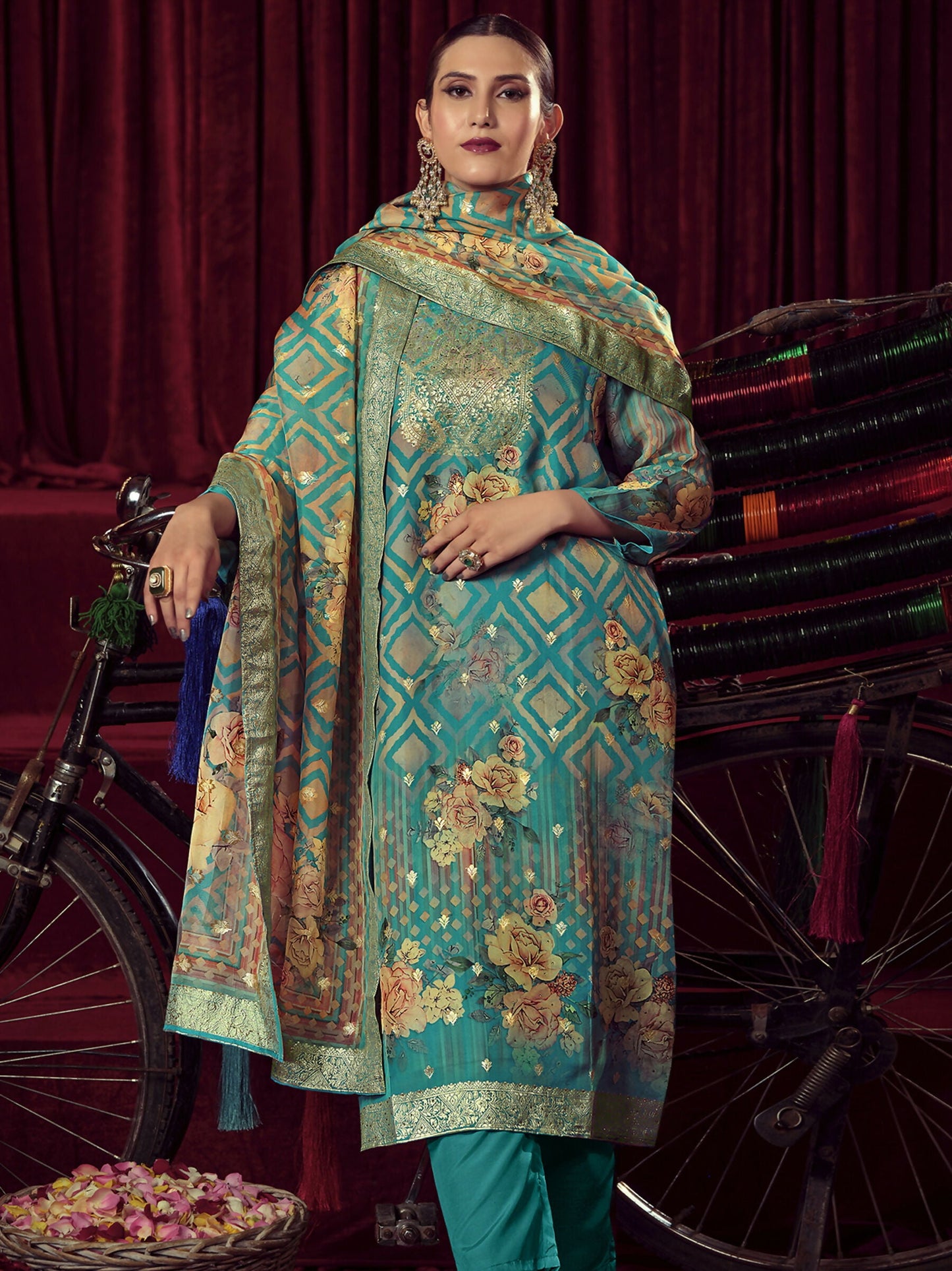 Jyoti Fashion Women's Turquiose Organza Jacquard Woven Kurta with Trouser & Dupatta | Swadesiicart