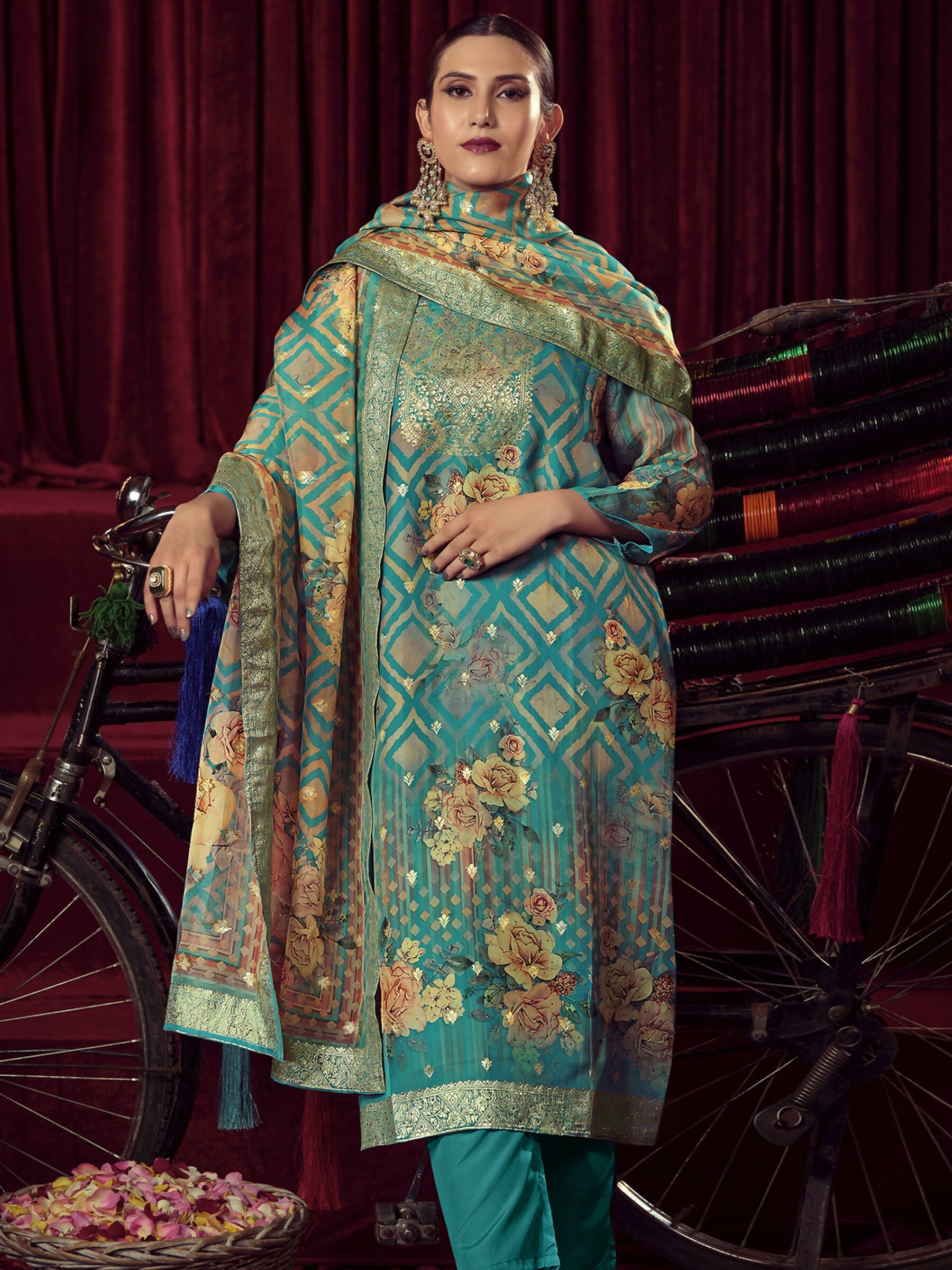 Jyoti Fashion Women's Turquiose Organza Jacquard Woven Kurta with Trouser & Dupatta | Swadesiicart