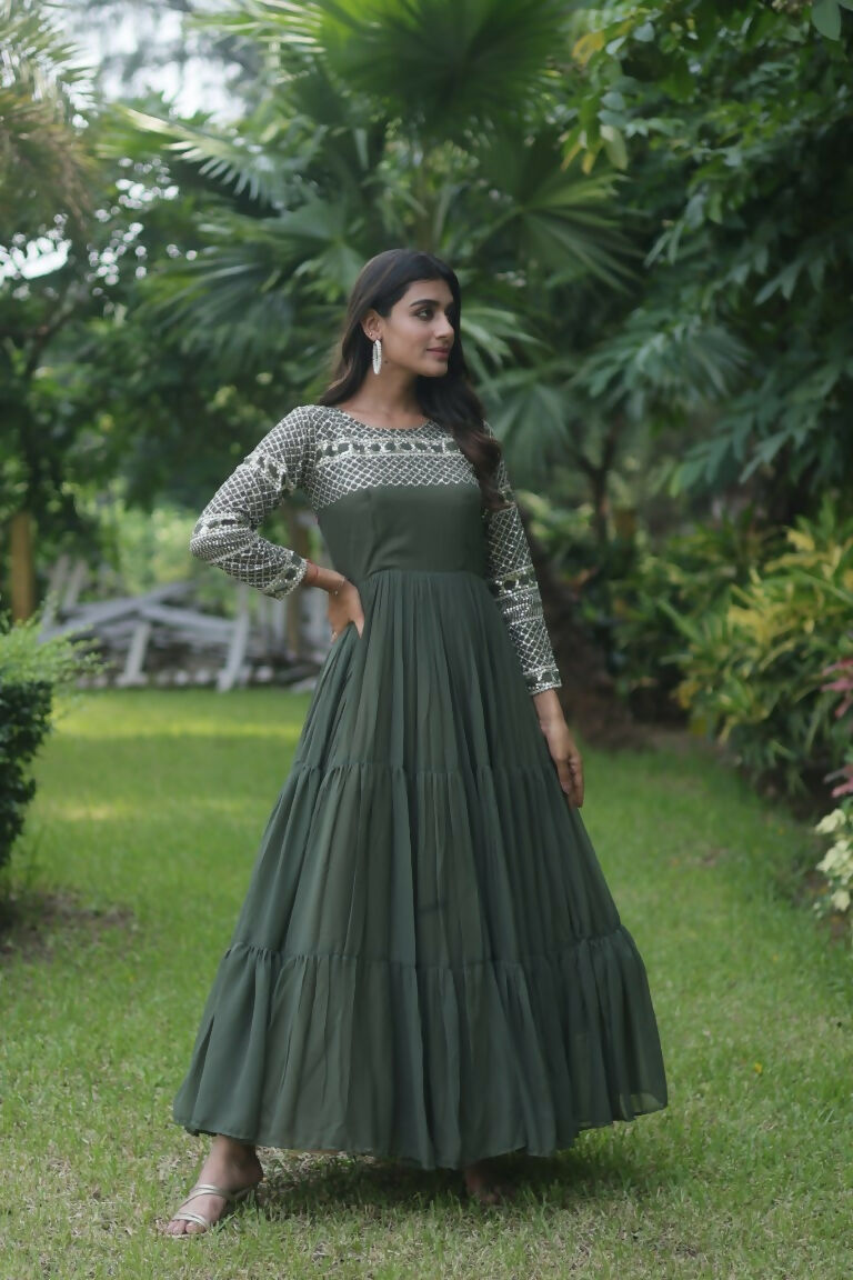 Jyoti Fashion Women's Mehendi Sequins Zari Embroidered Faux Georgette Anarkali Dress | Swadesiicart