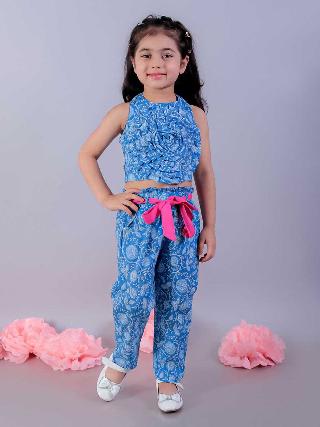 Lil Drama Jaipur Girls Blue Printed Top with Printed Pant Co-ordinate Set - Swadesiicart