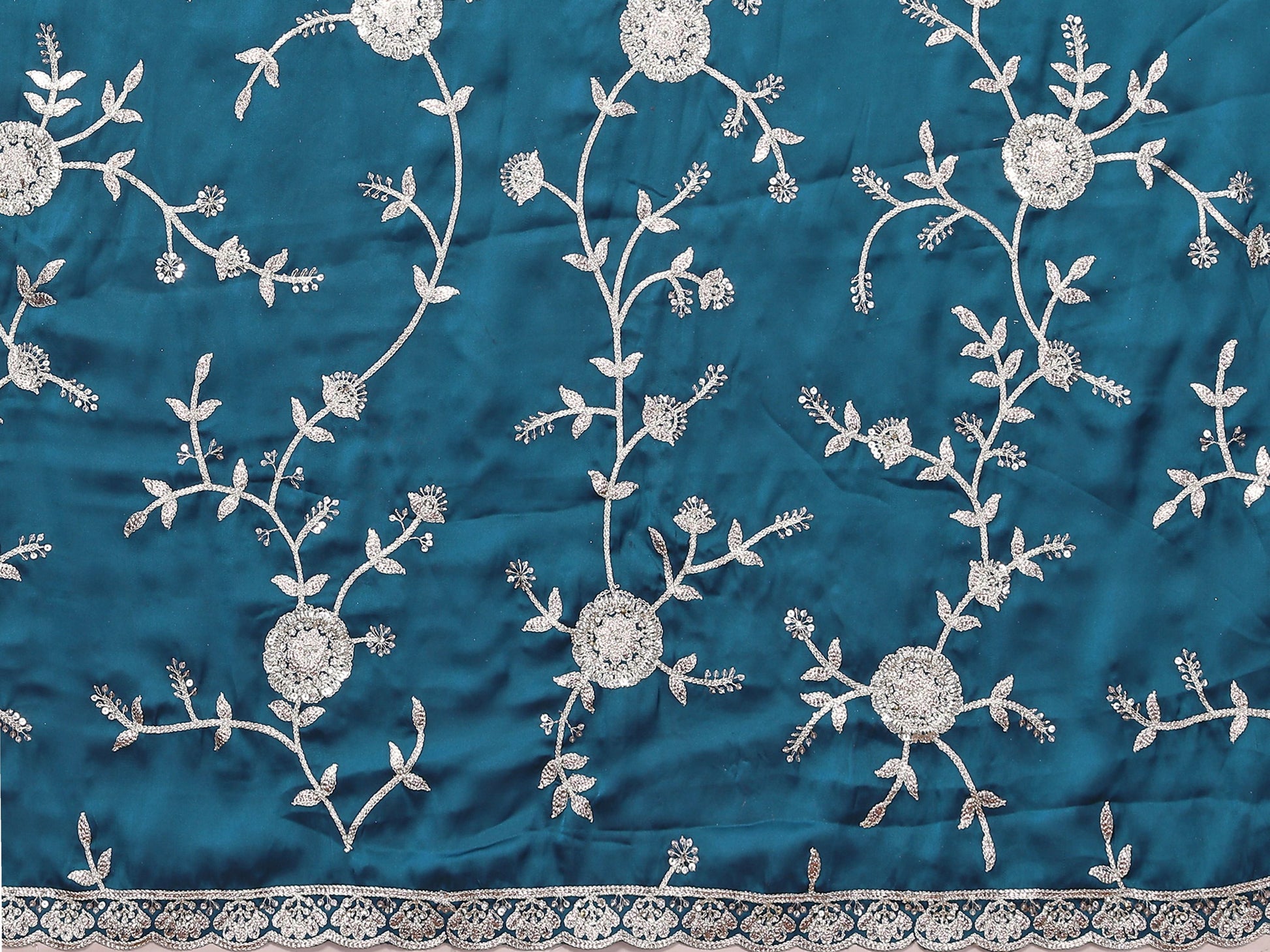 Blue Pure Satin Embroidered Saree With Stitched Blouse - Nimaya Kaksha