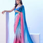 Blue Chinon Solid Designer & Lace Work Saree - Samaa