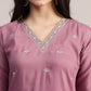 Aavyora Women Lavender Embroidered Chinon Kurta with Straight Pants & Organza Dupatta Set - Swadesiicart