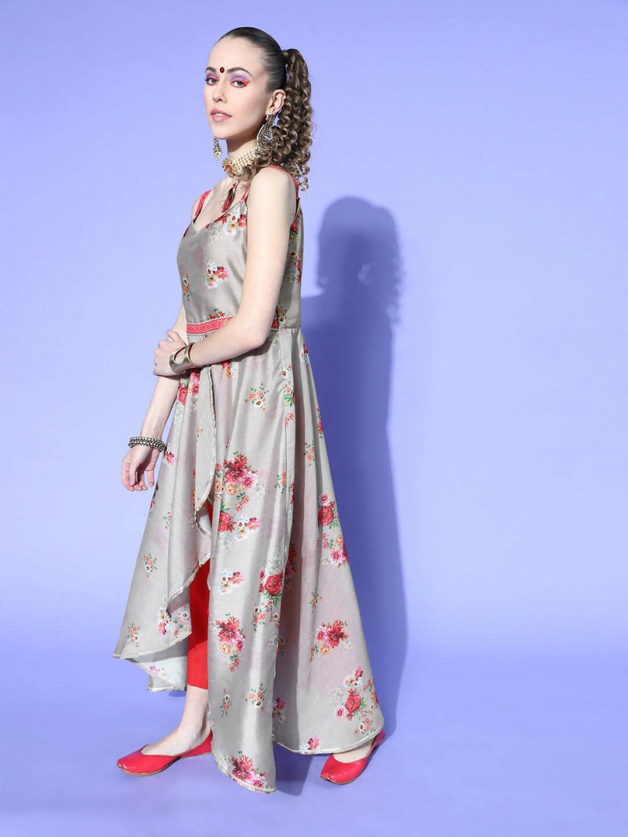 Ahalyaa Women Beige Colour Beautiful Chanderi Printed Kurta Pant Set | Swadesiicart