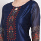 Myshka Women's Navy Blue Printed Chanderi Silk 3/4 Sleeve Round Neck Casual Kurta