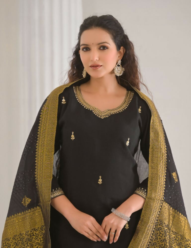 Ethnic Festive Wear Viscose Chanderi Black Stitched Suit With Dupatta - Tanisha | Swadesiicart