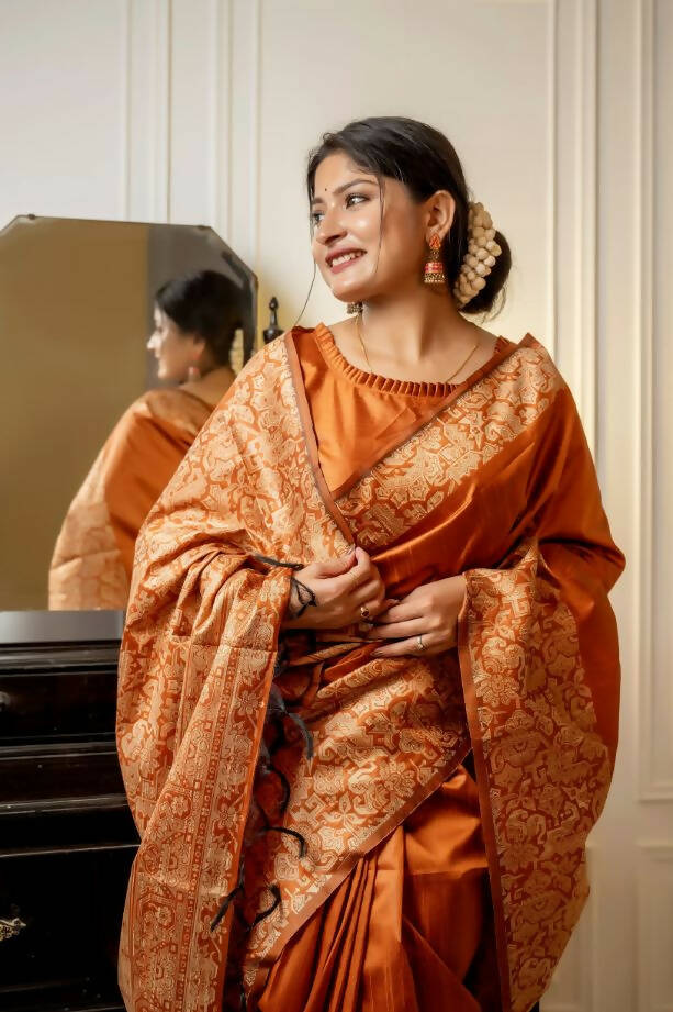 Vishnu Weaves Women's Orange Handloom Raw Silk Woven Border Saree with Unstitched Blouse - Swadesiicart