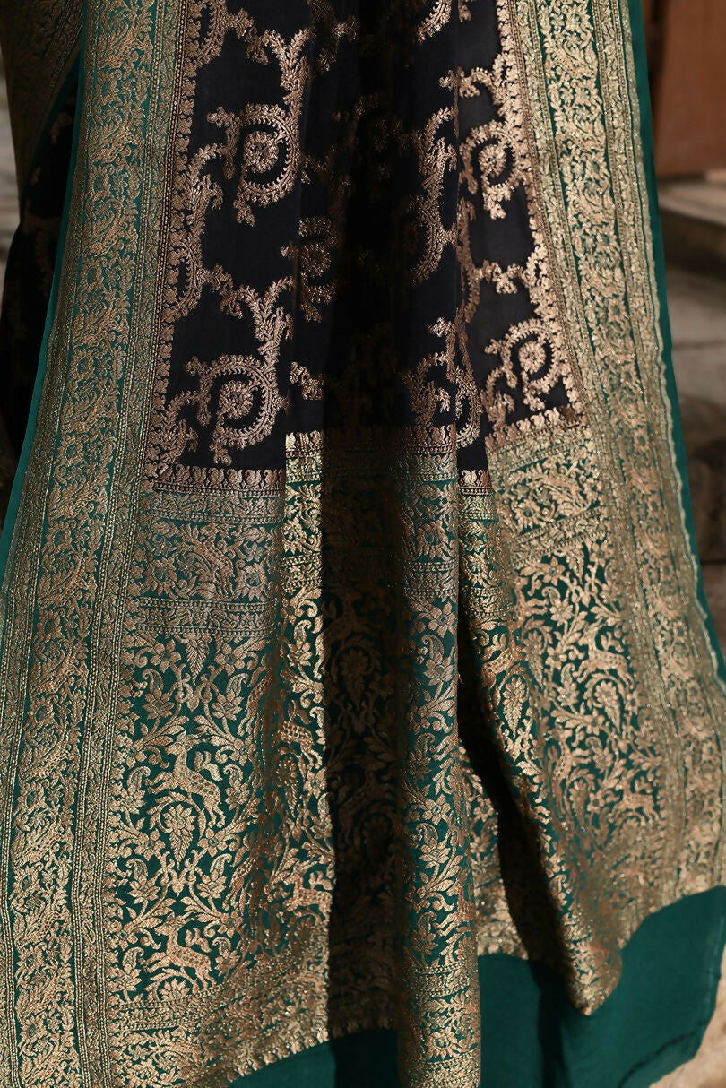 Joban Fashion Navy Blue Crepe Chiffon Pure Handloom Banarasi Silk Saree | Swadesiicart
