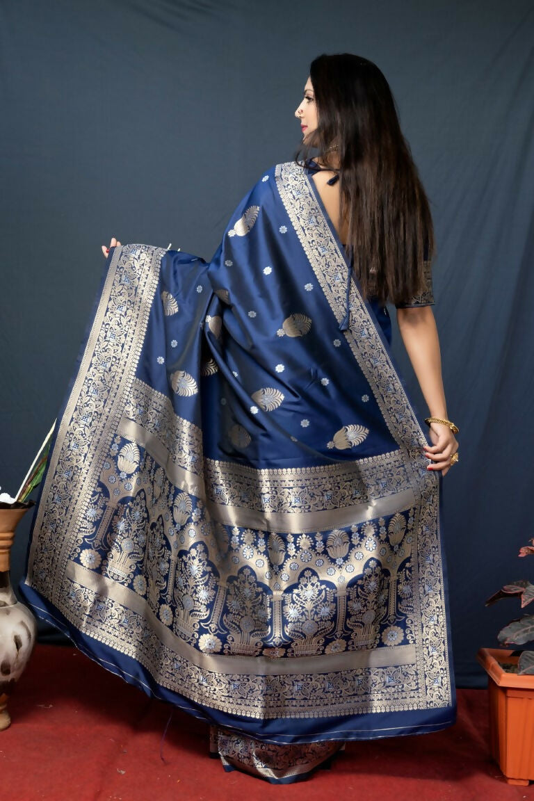 Jyoti Fashion Women's Navy Blue Paithani Silk Zari Woven Saree with Blouse | Swadesiicart