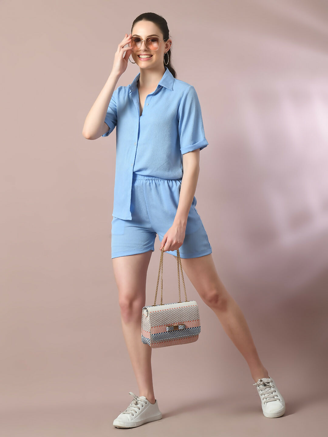 Myshka Women's Blue Solid Shirt Collar Party Shirt With Shorts Co-ord set - Swadesiicart